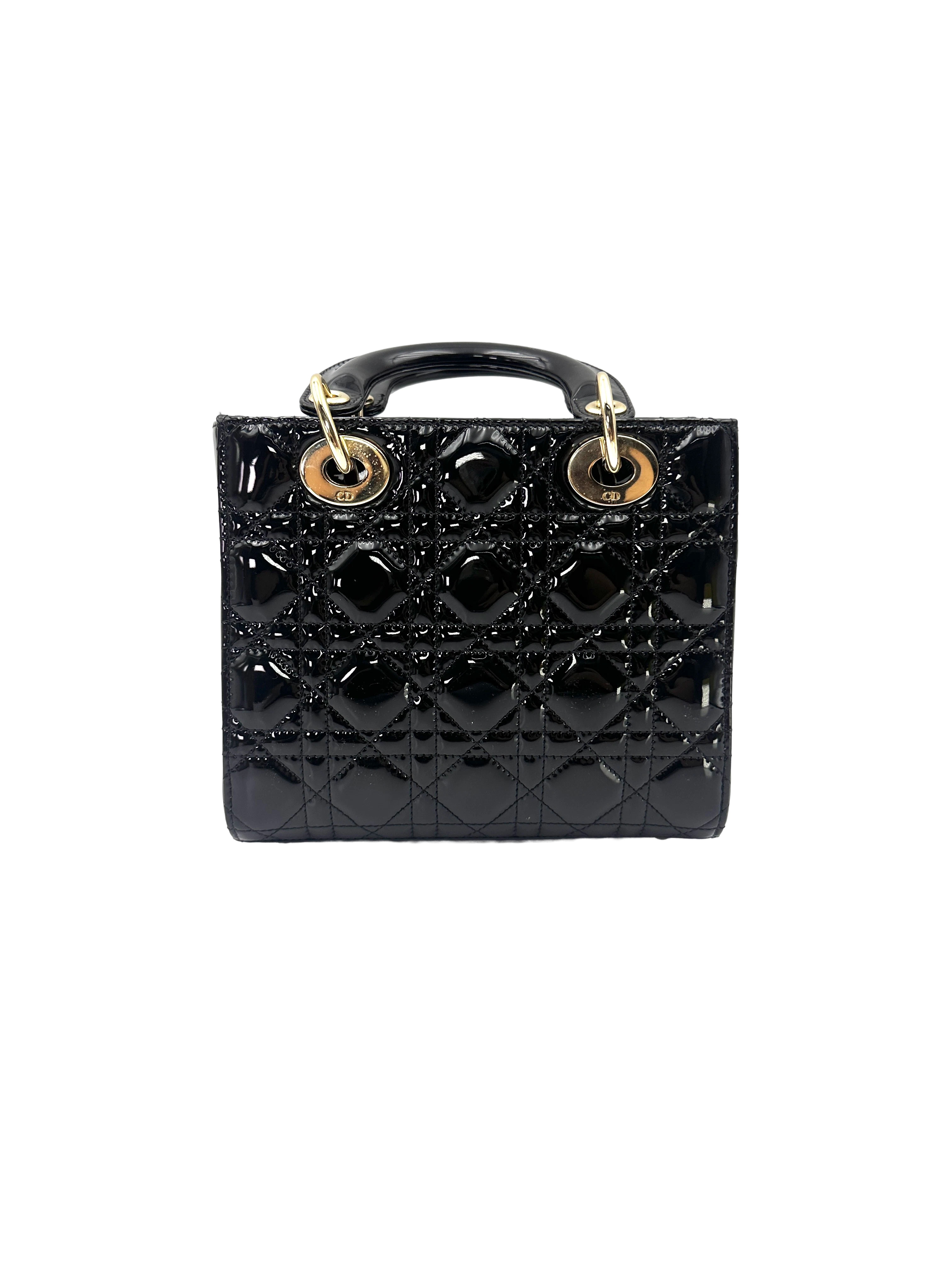 Christian Dior Lady Dior Black Cannage Patent Leather Handle Bag DR964