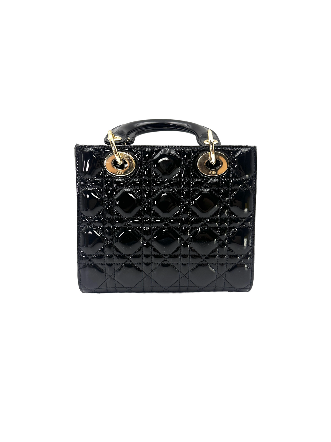 Christian Dior Lady Dior Black Cannage Patent Leather Handle Bag DR964