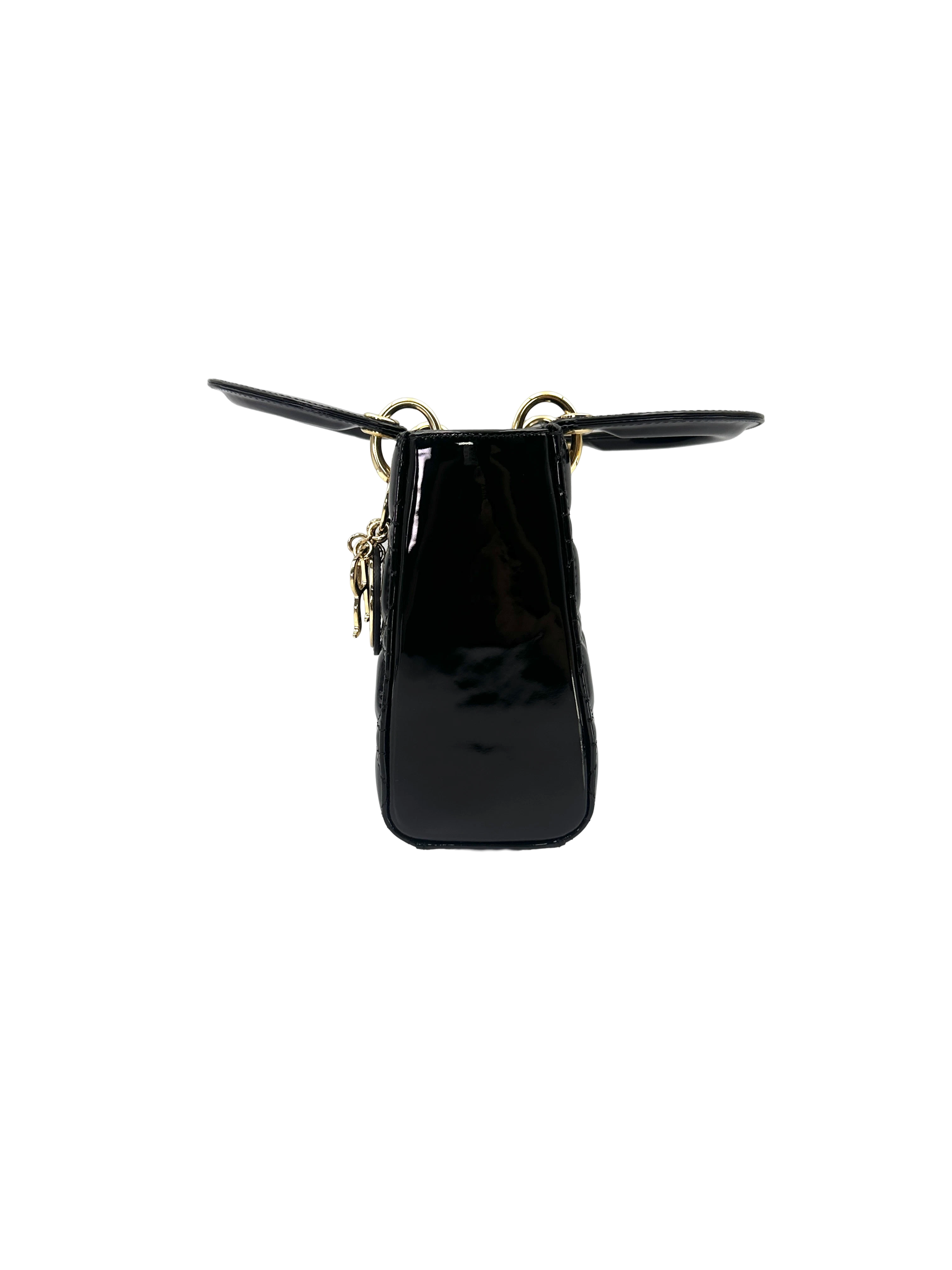 Christian Dior Lady Dior Black Cannage Patent Leather Handle Bag DR964
