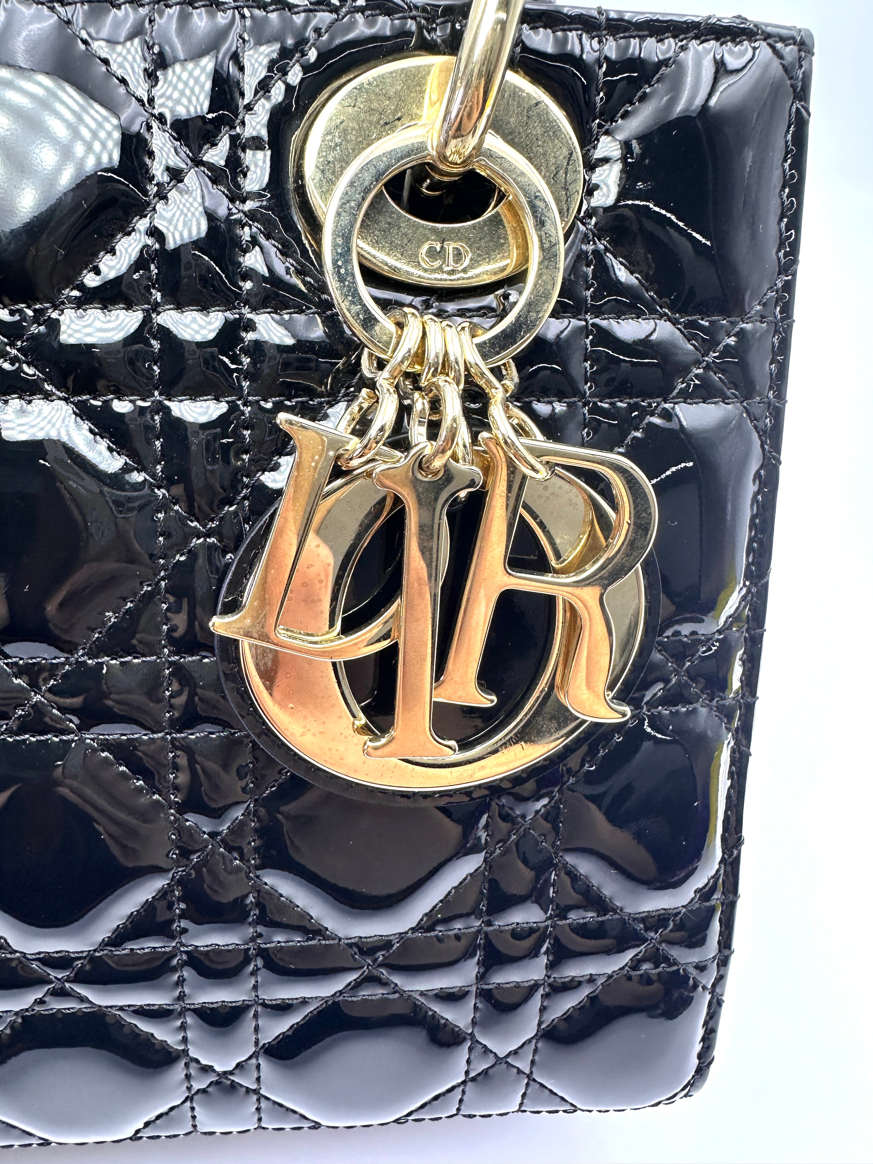Christian Dior Lady Dior Black Cannage Patent Leather Handle Bag DR964