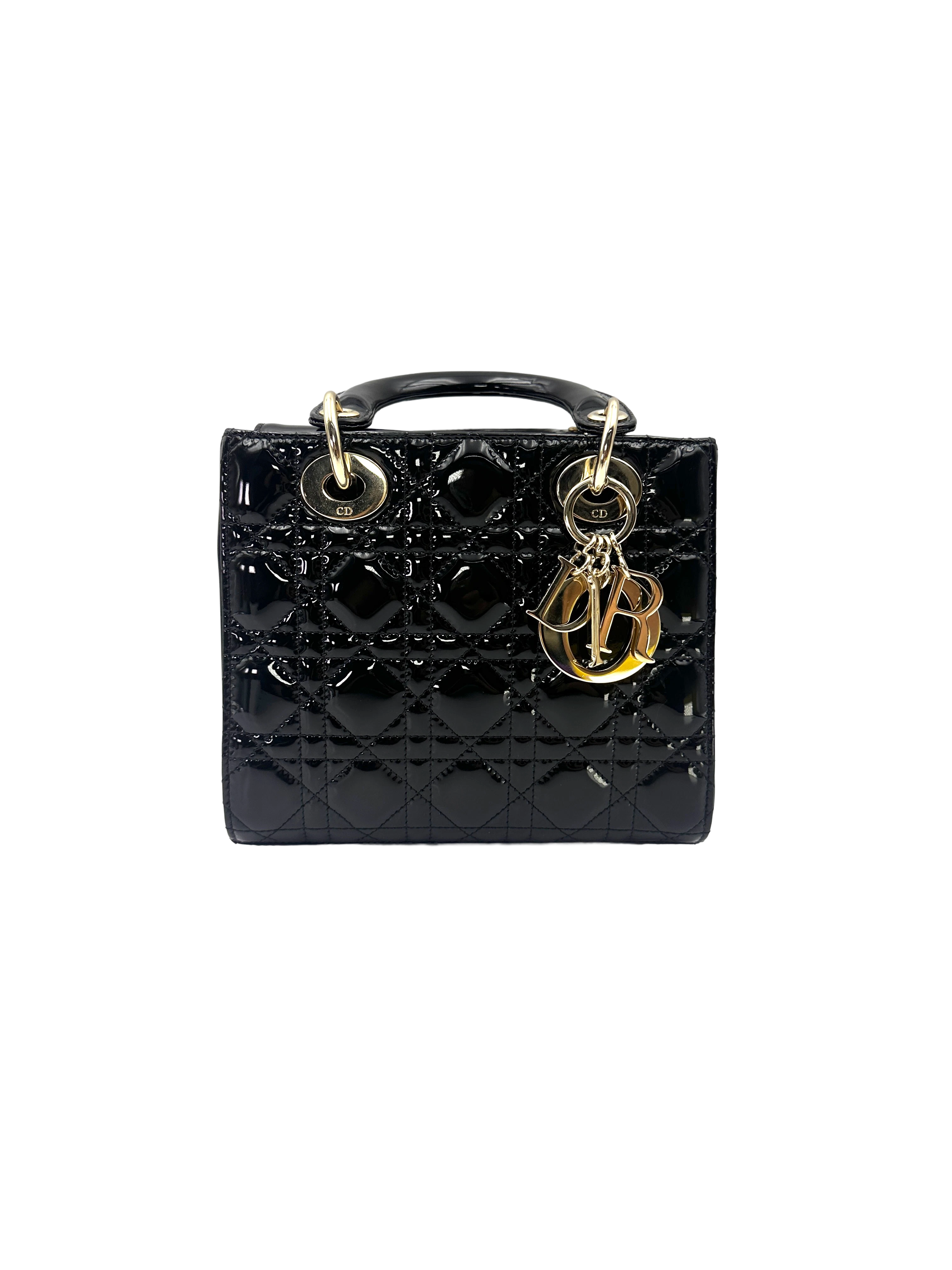 Christian Dior Lady Dior Black Cannage Patent Leather Handle Bag DR967