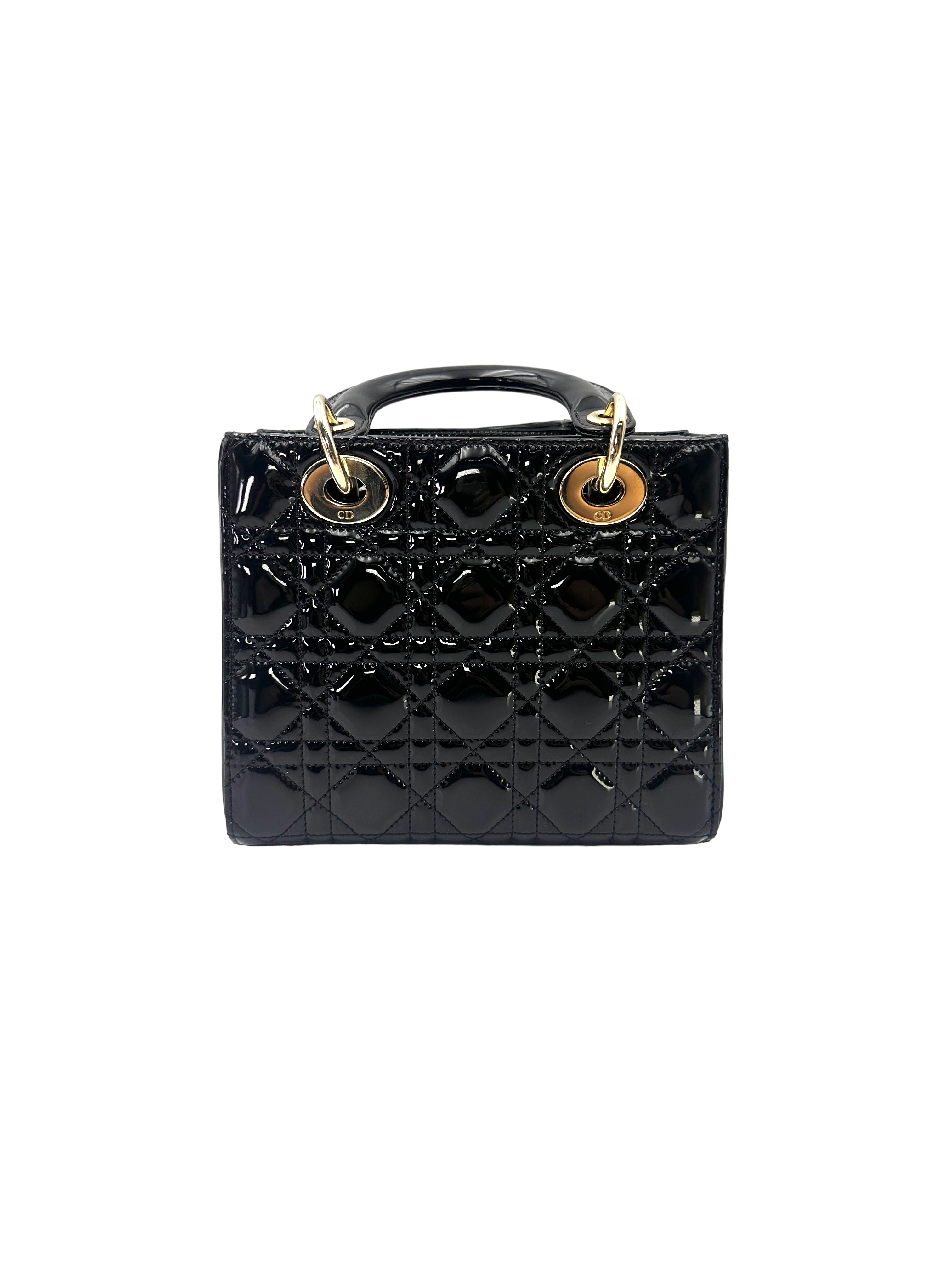 Christian Dior Lady Dior Black Cannage Patent Leather Handle Bag DR967