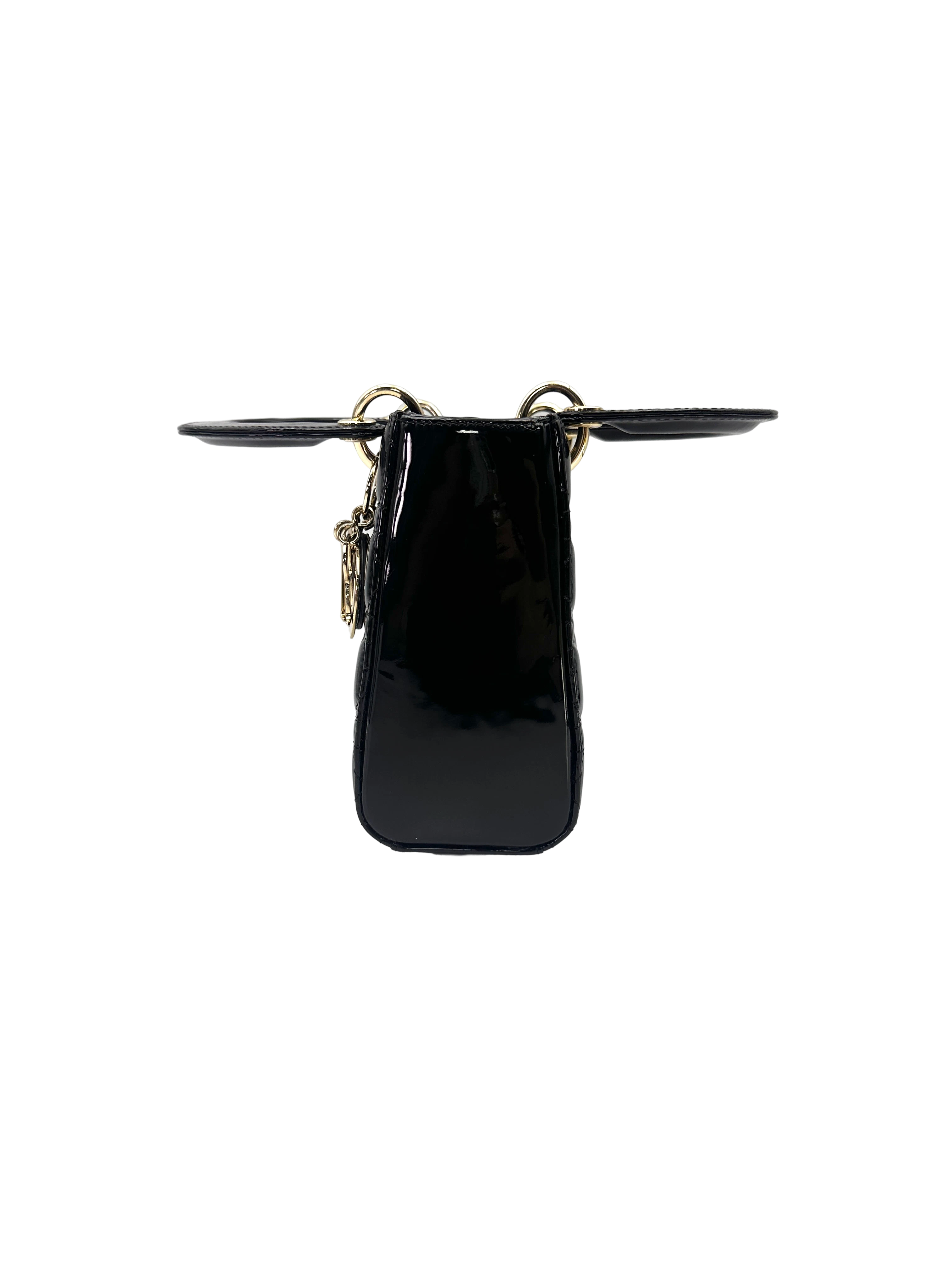 Christian Dior Lady Dior Black Cannage Patent Leather Handle Bag DR967