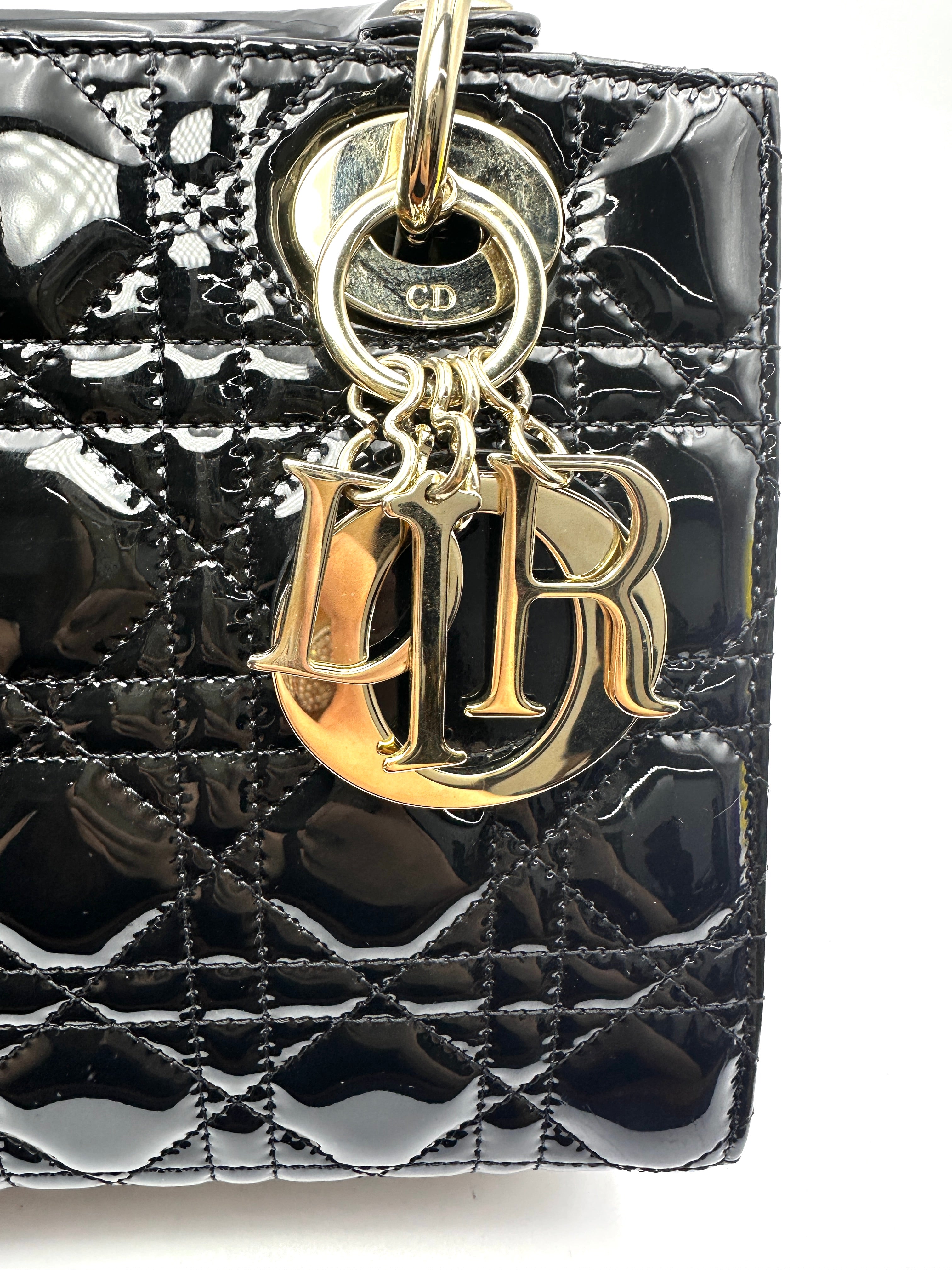 Christian Dior Lady Dior Black Cannage Patent Leather Handle Bag DR967