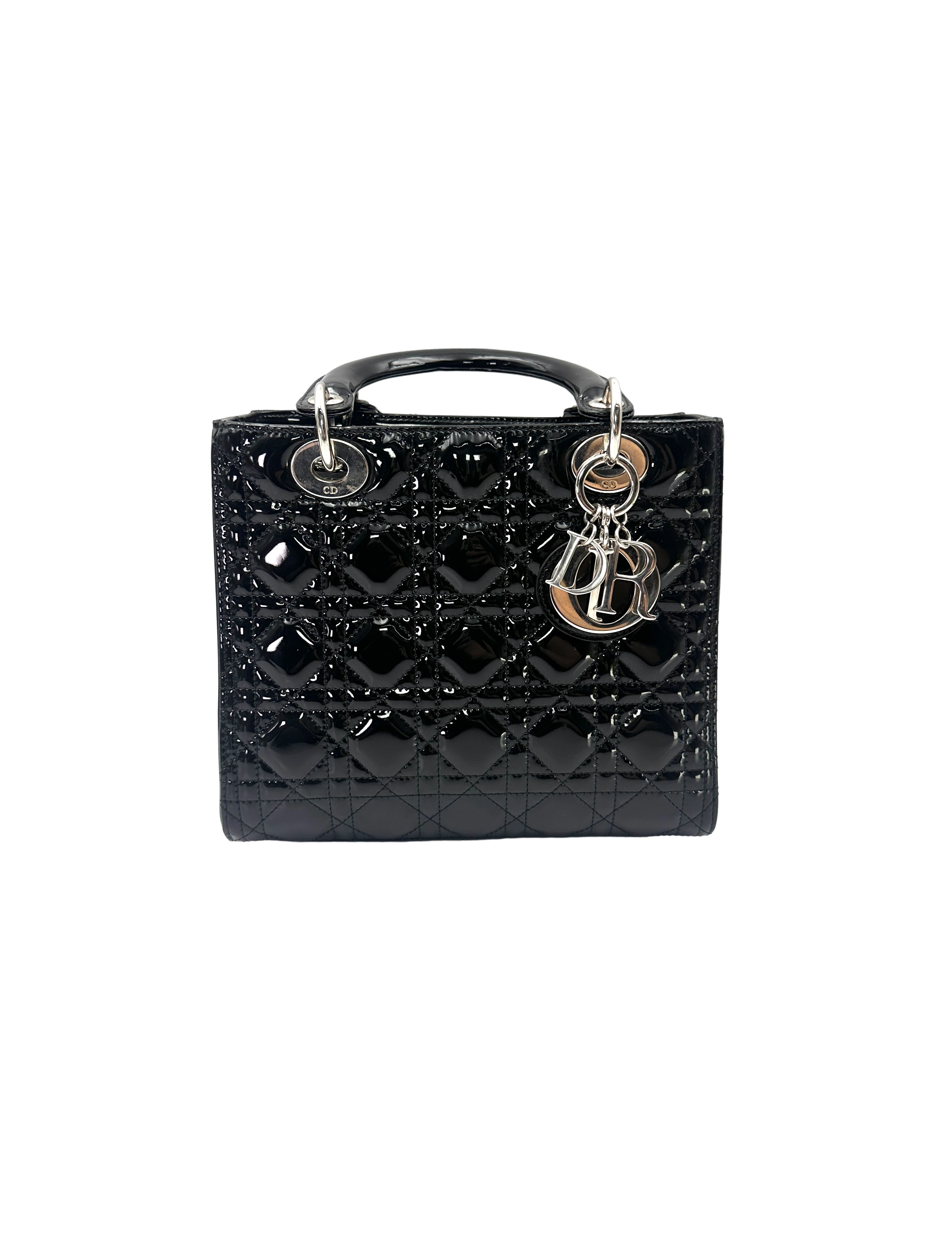 Christian Dior Lady Dior Black Cannage Patent Leather Handle Bag DR965