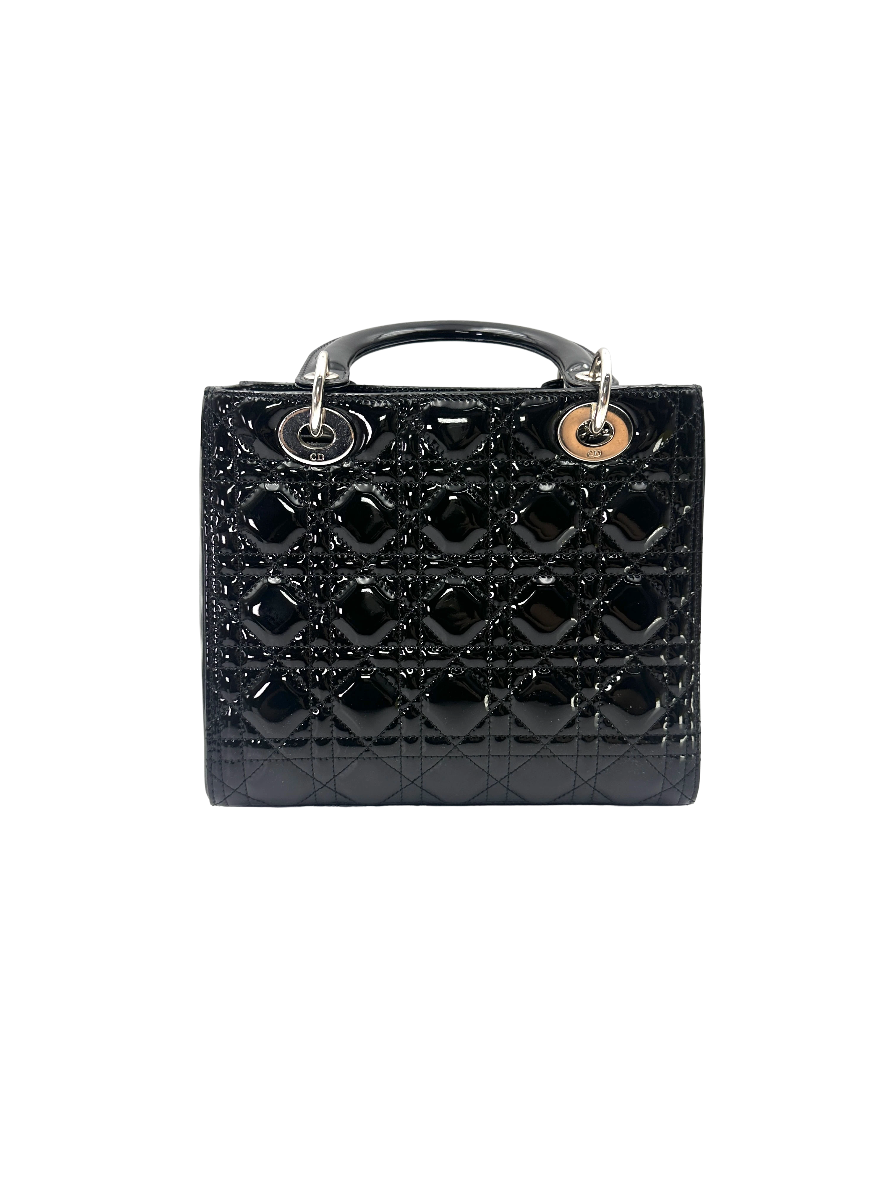 Christian Dior Lady Dior Black Cannage Patent Leather Handle Bag DR965