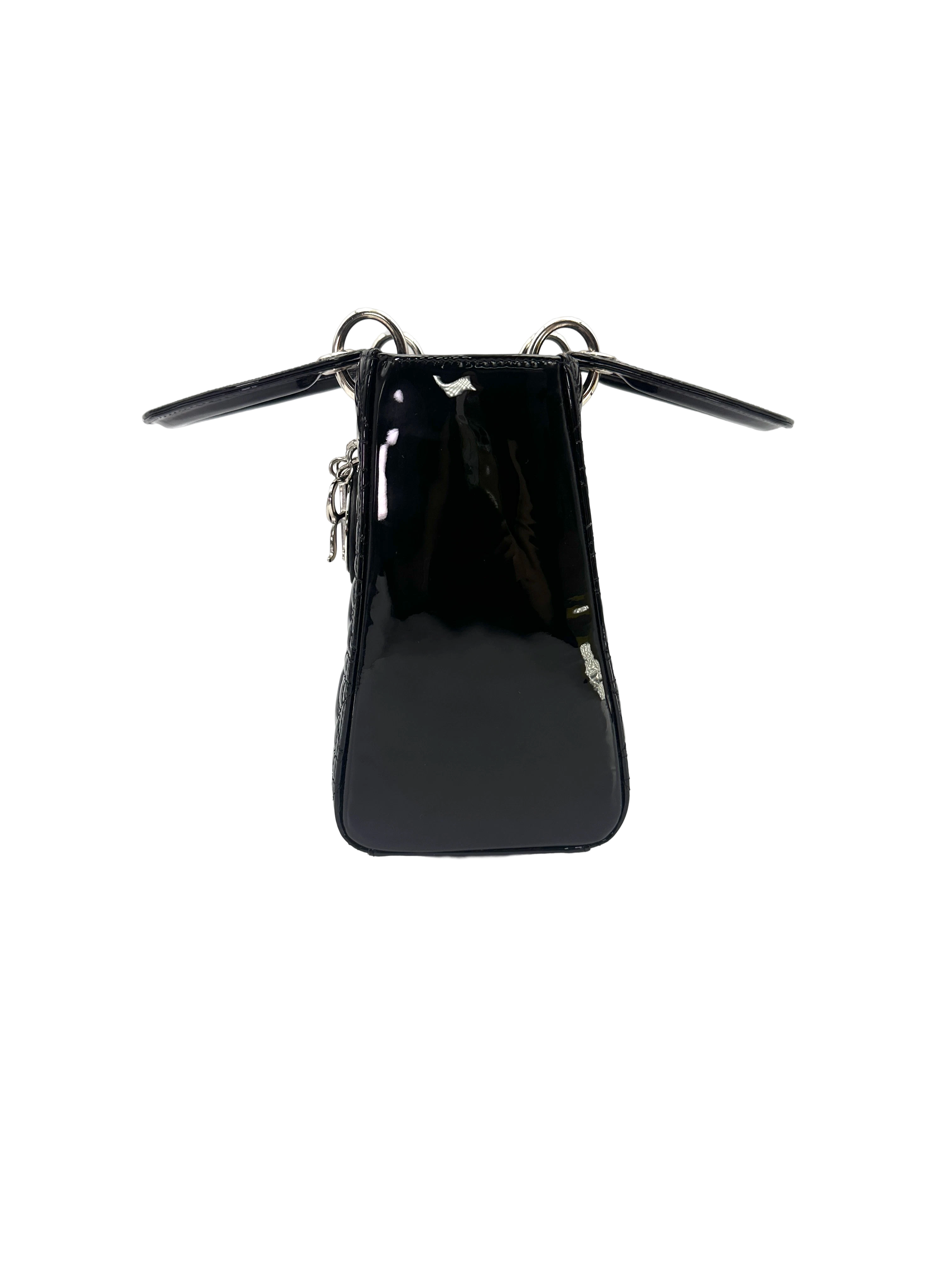 Christian Dior Lady Dior Black Cannage Patent Leather Handle Bag DR965