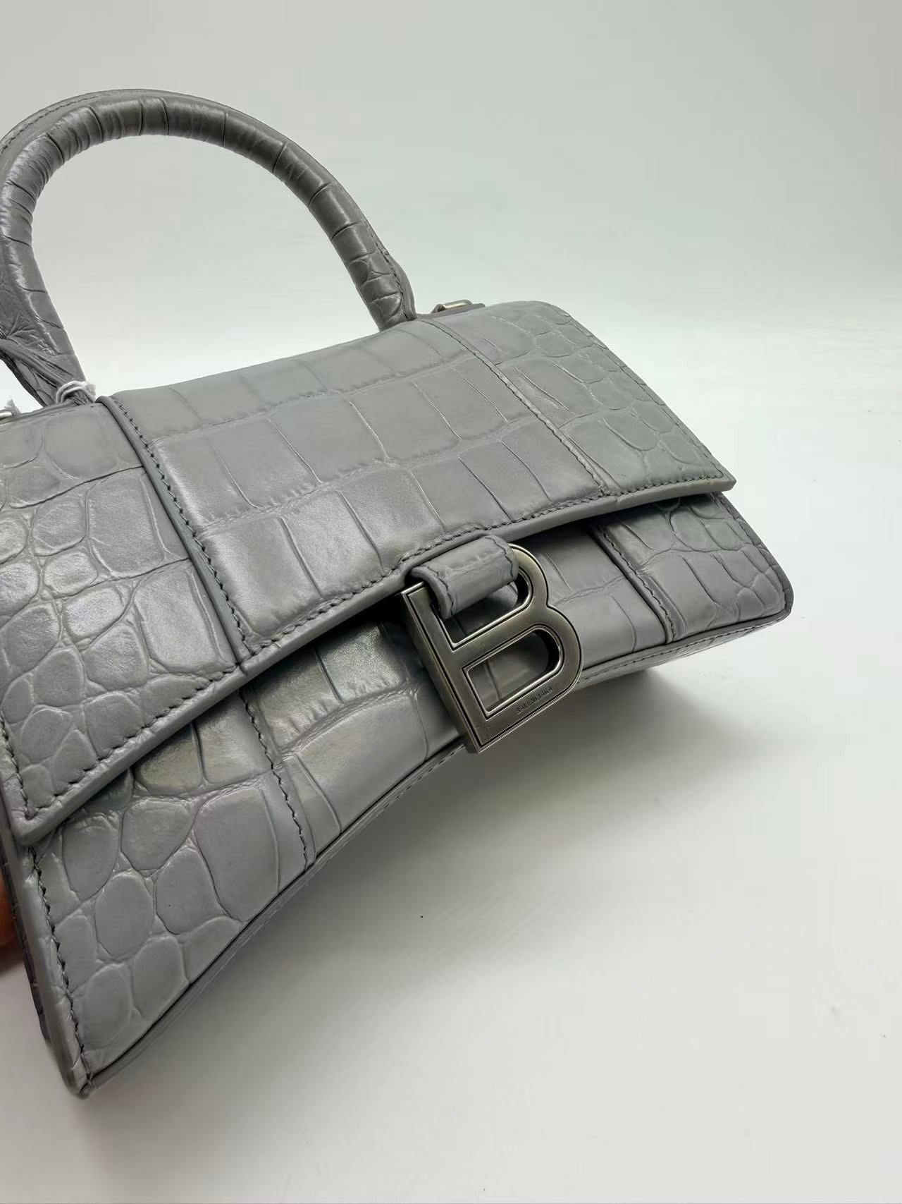 Balenciaga Crocodile Embossed XS Hourglass Top Handle Bag Grey BB40