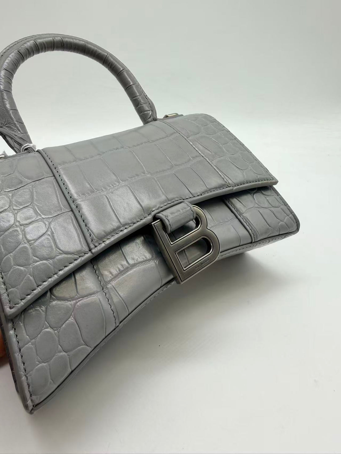 Balenciaga Crocodile Embossed XS Hourglass Top Handle Bag Grey BB40