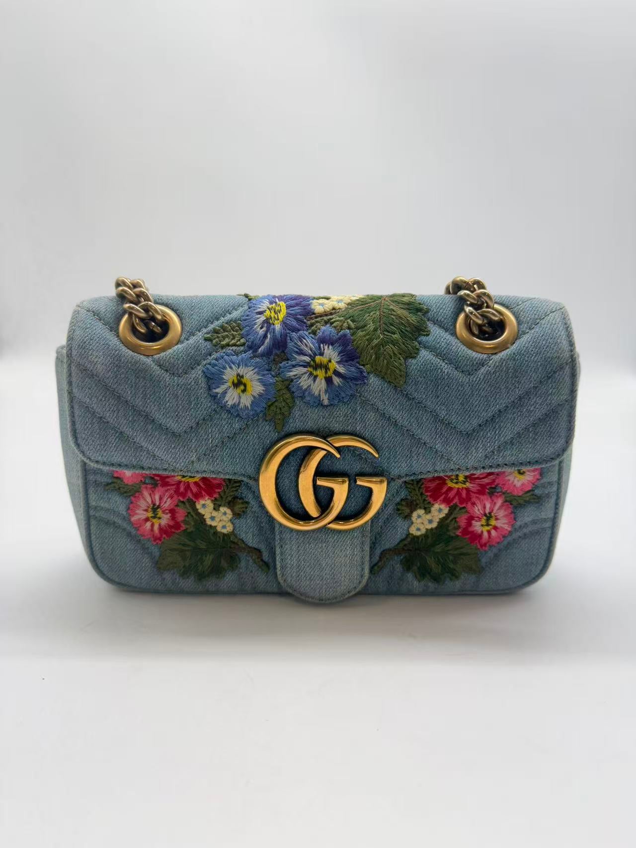 Gucci GG Marmont Flap Bag Embroidered Matelasse Denim Mini GG485