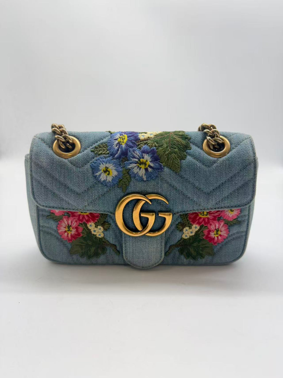 Gucci GG Marmont Flap Bag Embroidered Matelasse Denim Mini GG485