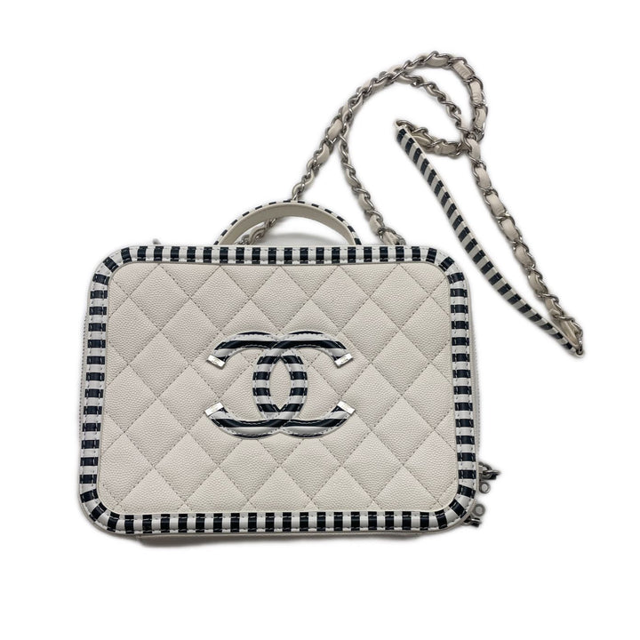 Chanel Quilted Caviar Vanity Case Medium Filigree White CC587