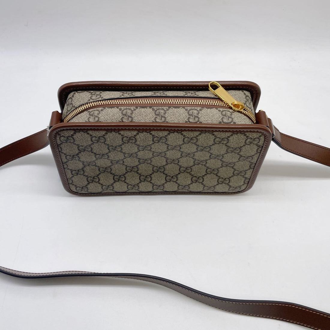 Gucci GG Supreme Monogram Azalea Calfskin Mini Retro Interlocking G Shoulder Bag Beige Ebony Brown Sugar GGCAMERA