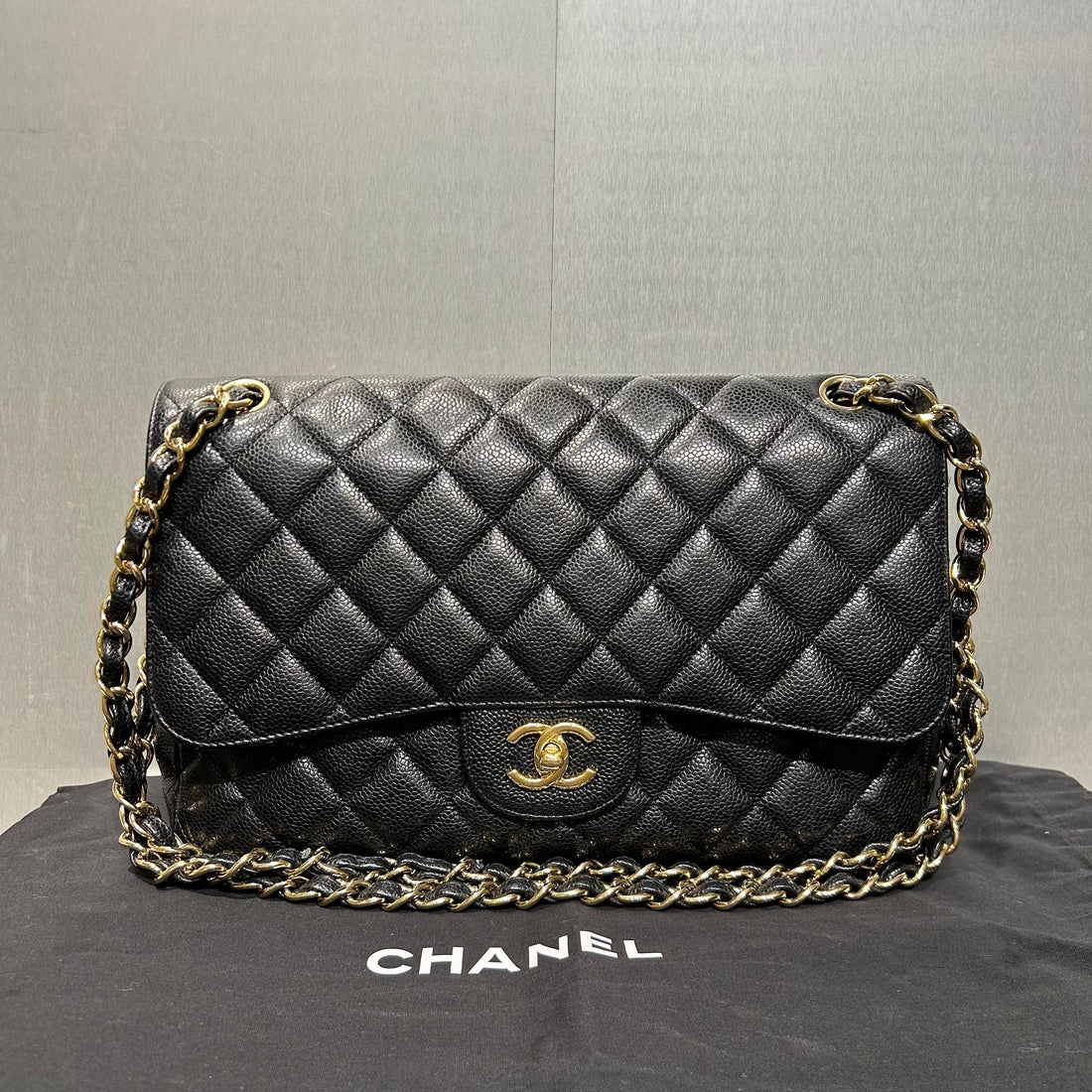Chanel Caviar Double Flap Bag Quilted Jumbo Black LS108