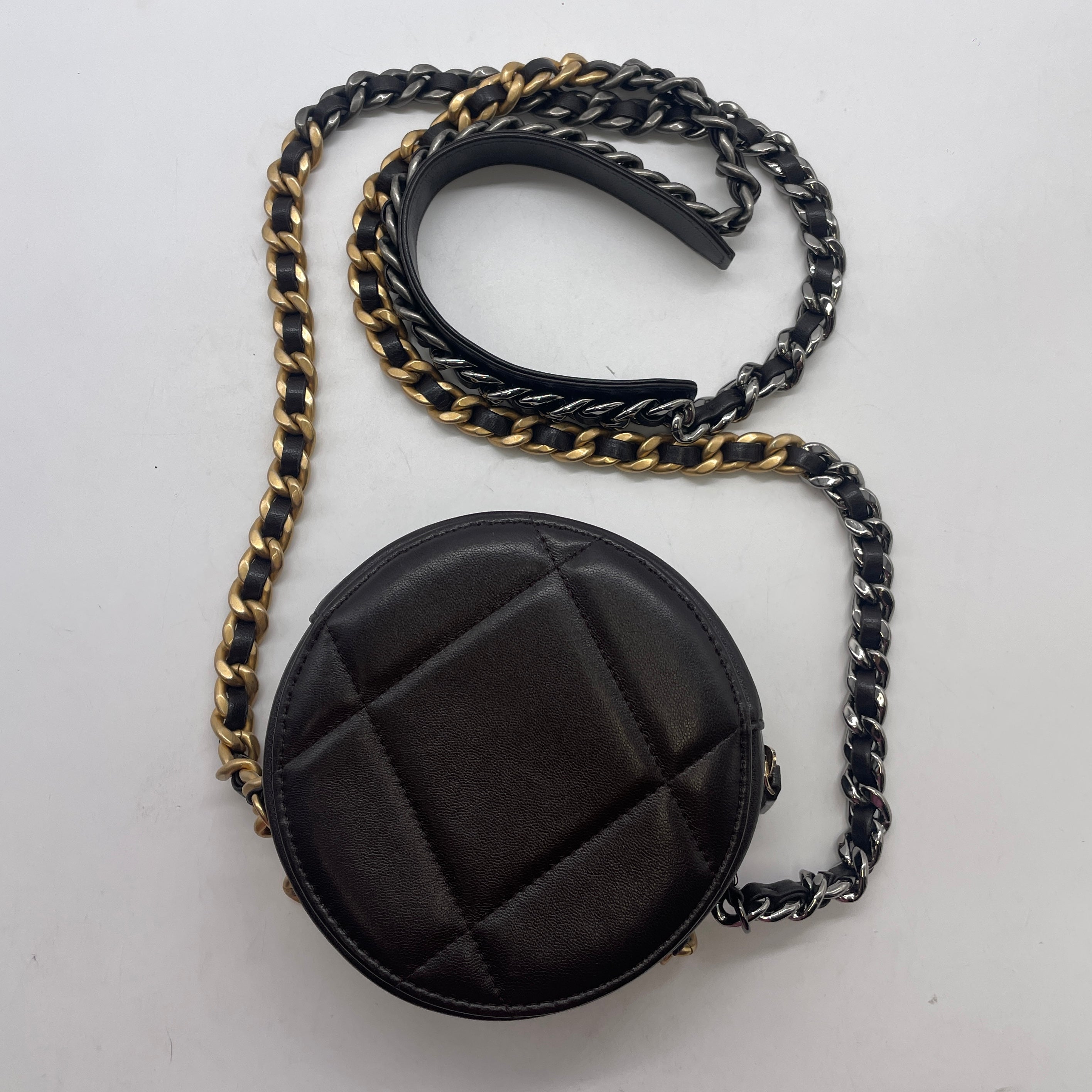 Chanel Round 19 Lambskin Quilted Clutch Crossbody Brown (31***26) CC542