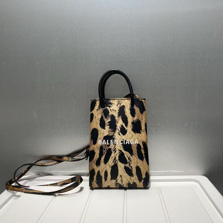 Balenciaga Beige/Black Leopard Print Leather Phone Pouch Crossbody Bag