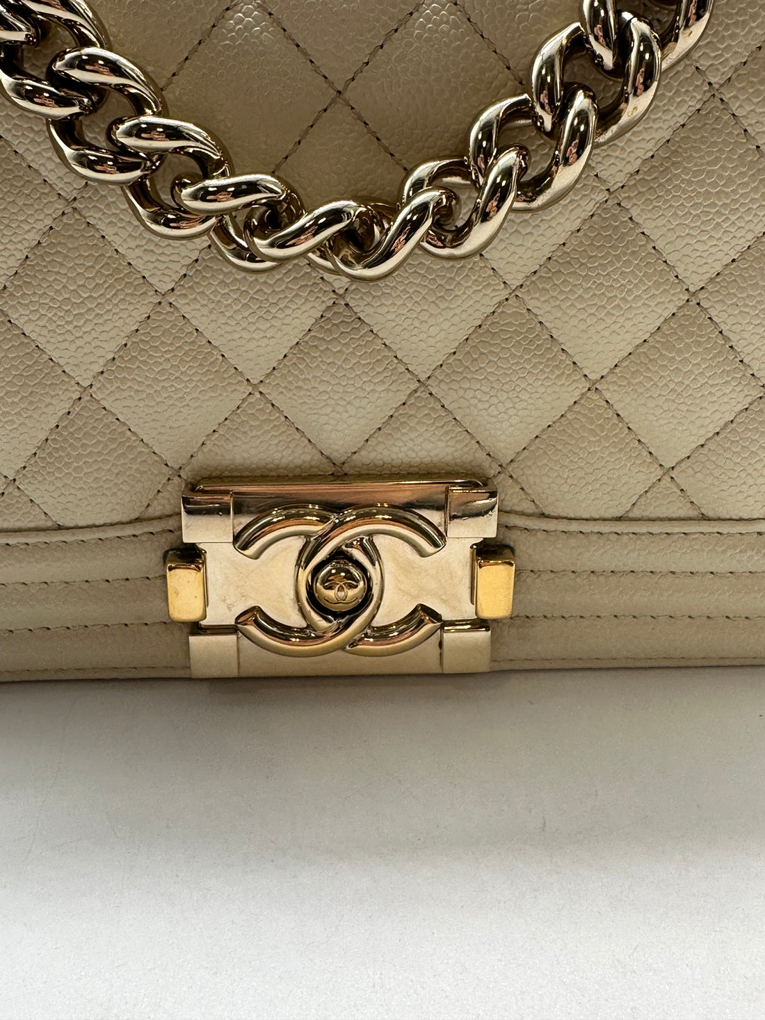 Chanel Quilted Caviar Flap Small Boy Bag Microchip White/Gold CC500