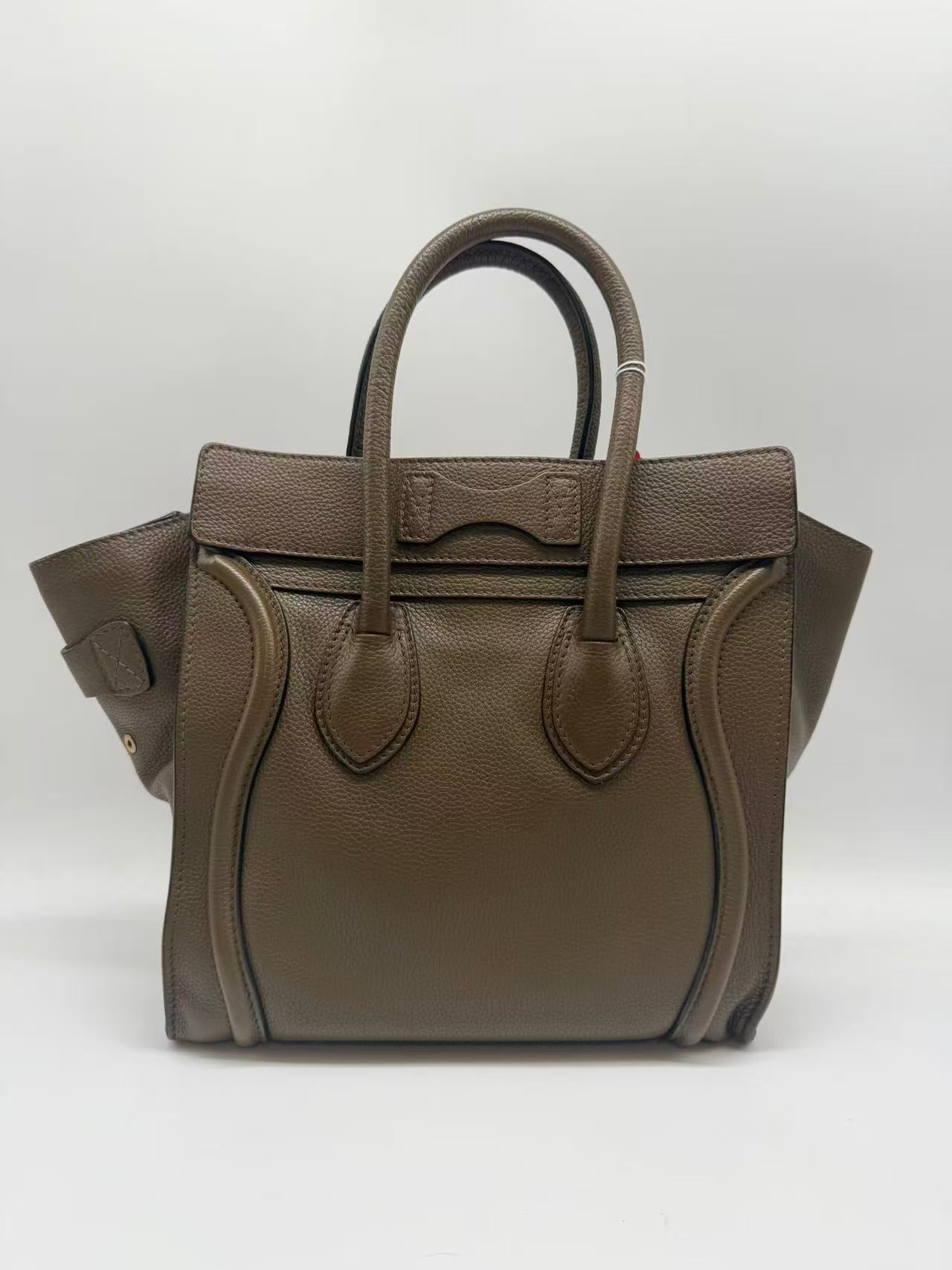 Celine Leather Shoulder Luggage Tote Olive Green CE114