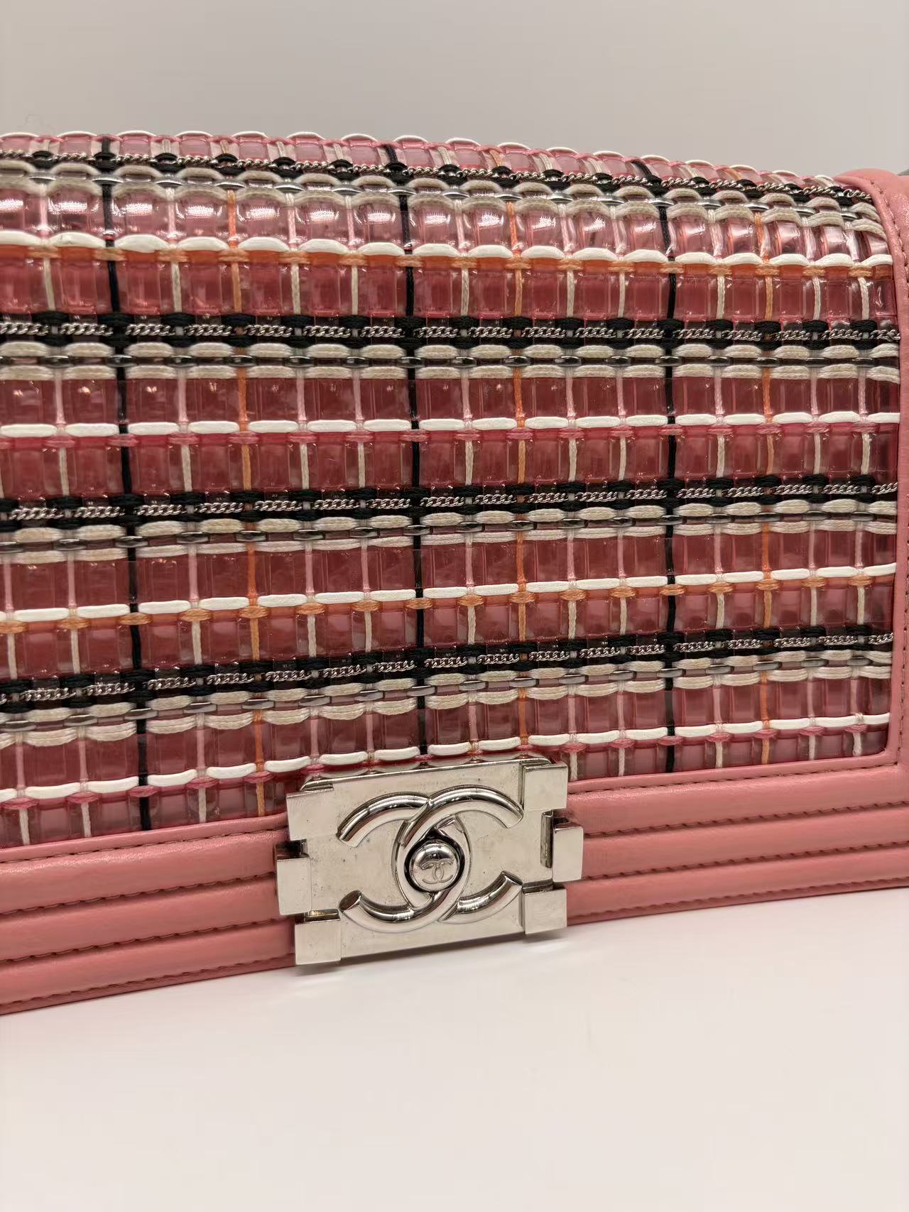 Chanel Woven Leather PVC Chain Matelasse Boy Bag Pink (24***60) CC789NA