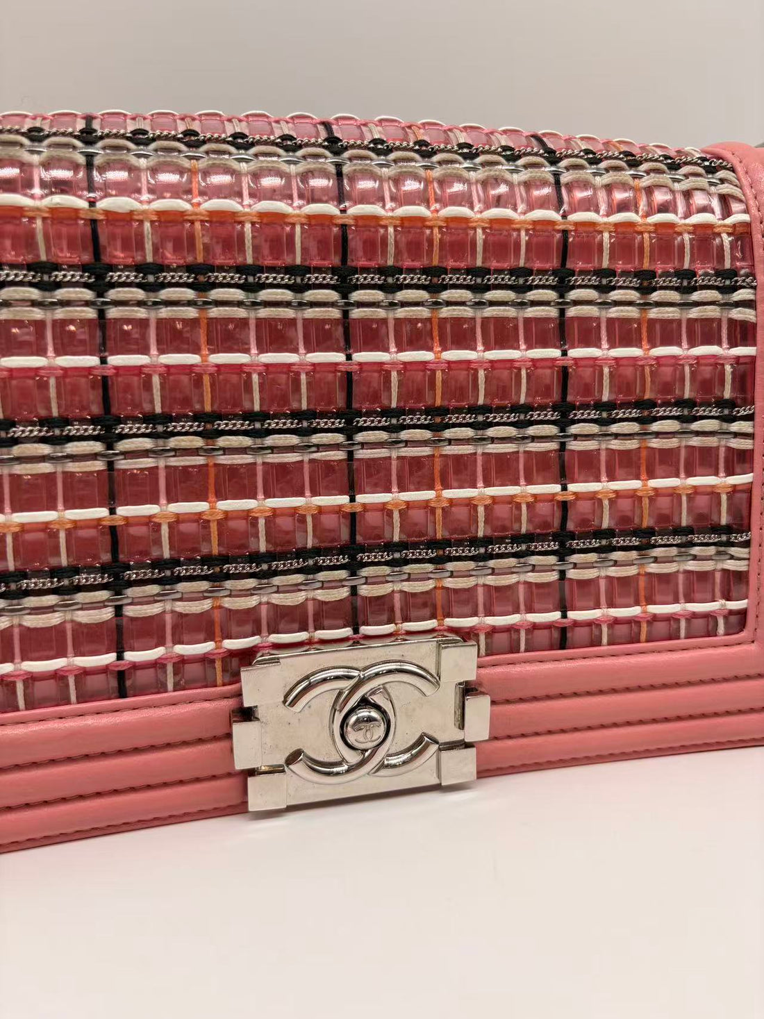 Chanel Woven Leather PVC Chain Matelasse Boy Bag Pink (24***60) CC789NA