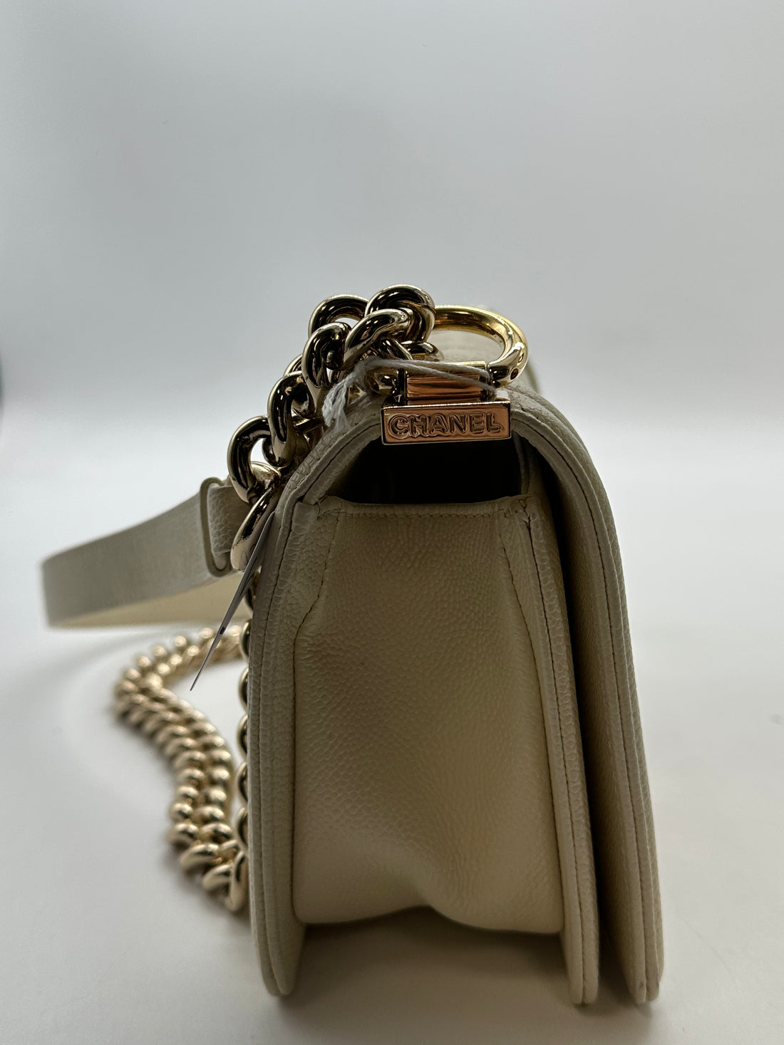 Chanel Quilted Caviar Flap Small Boy Bag Microchip White/Gold CC500