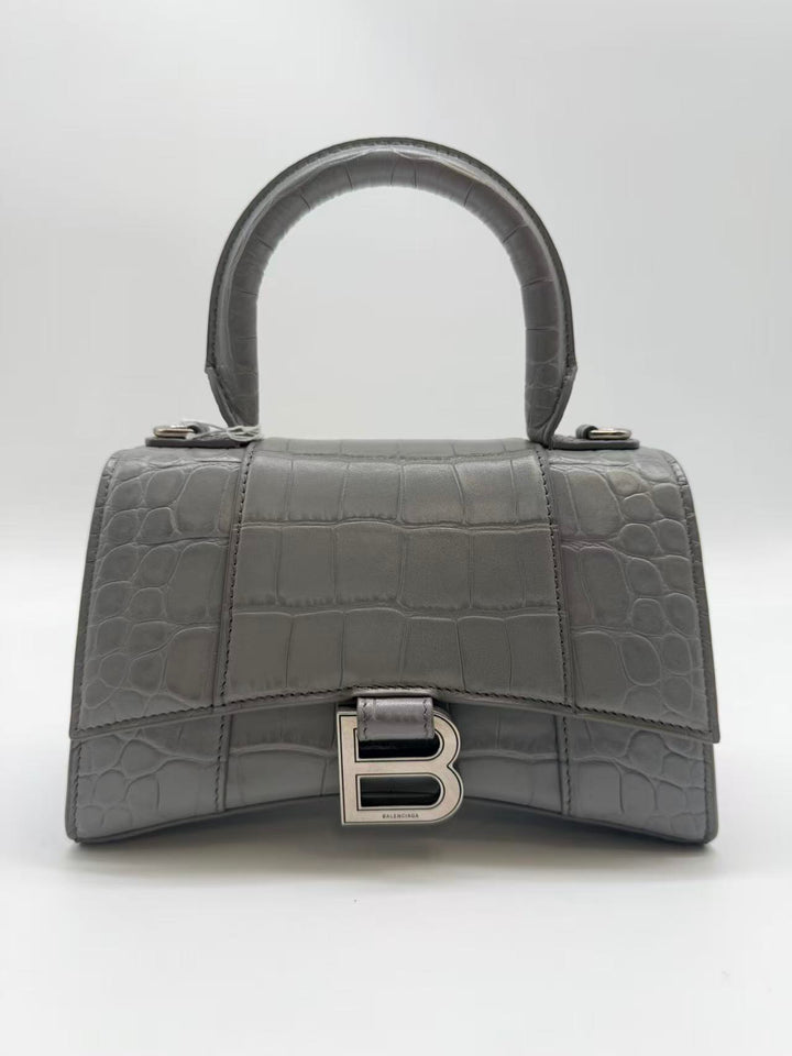 Balenciaga Crocodile Embossed XS Hourglass Top Handle Bag Grey BB40