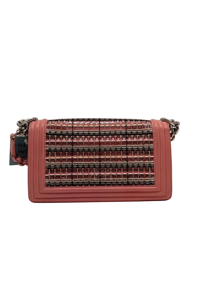 Chanel Woven Leather PVC Chain Matelasse Boy Bag Pink (24***60) CC789NA
