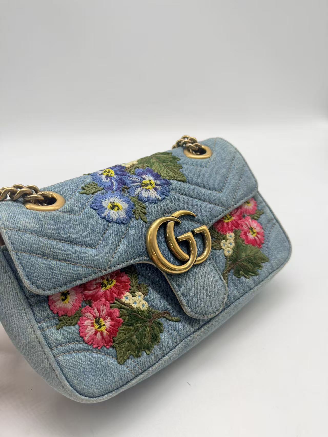 Gucci GG Marmont Flap Bag Embroidered Matelasse Denim Mini GG485