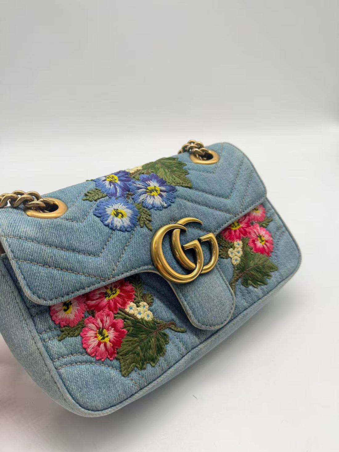 Gucci GG Marmont Flap Bag Embroidered Matelasse Denim Mini GG485