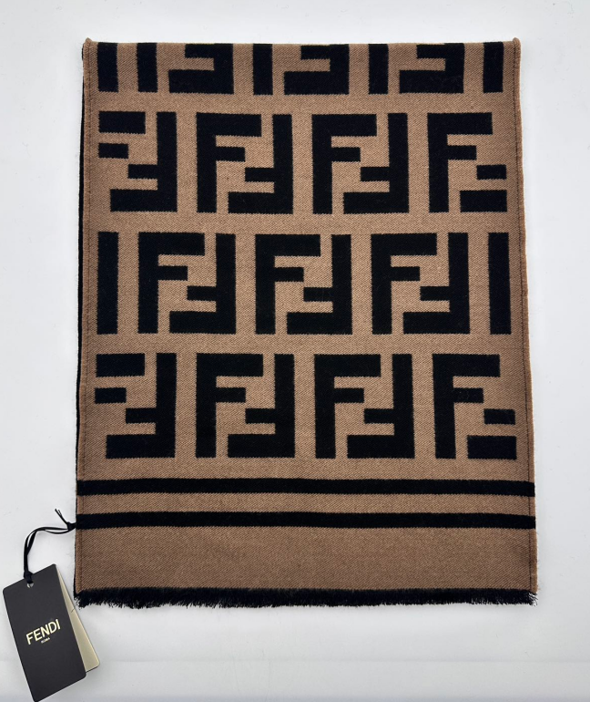 Fendi FF Classic Pattern Wool and Silk Blend Woolen Scarf Brown  FFS02