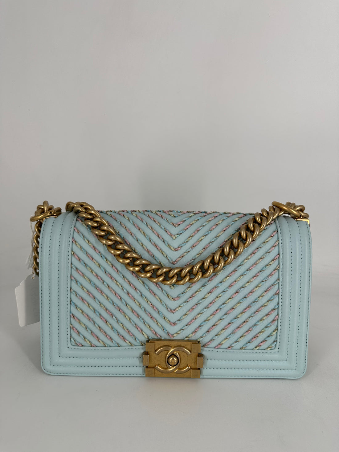 Chanel Calfskin By the Sea Chevron Embroidered Medium Boy Light Blue