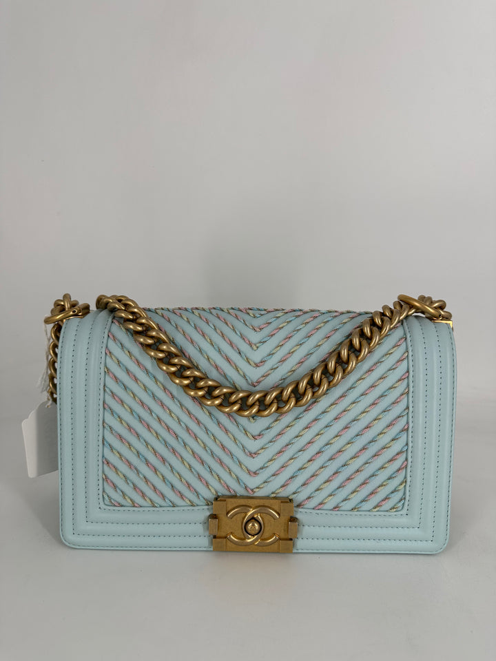 Chanel Calfskin By the Sea Chevron Embroidered Medium Boy Light Blue