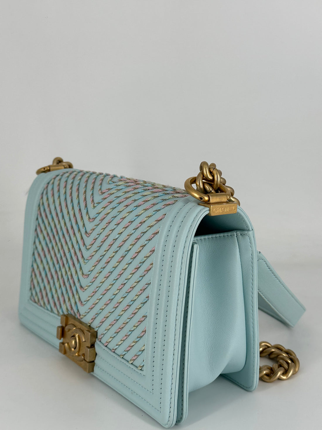 Chanel Calfskin By the Sea Chevron Embroidered Medium Boy Light Blue