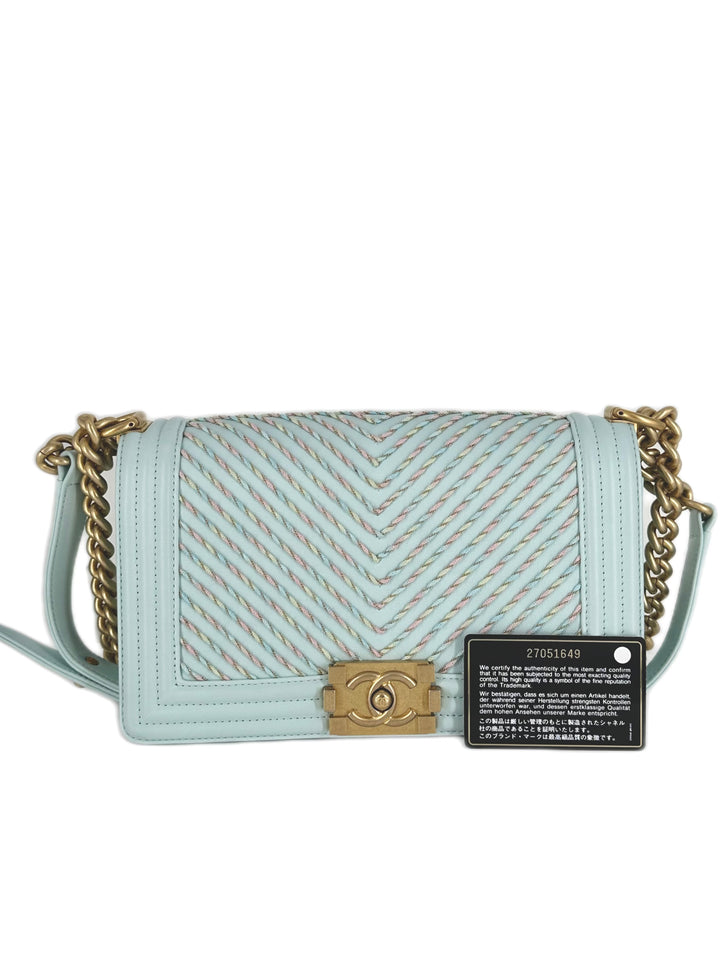 Chanel Calfskin By the Sea Chevron Embroidered Medium Boy Light Blue