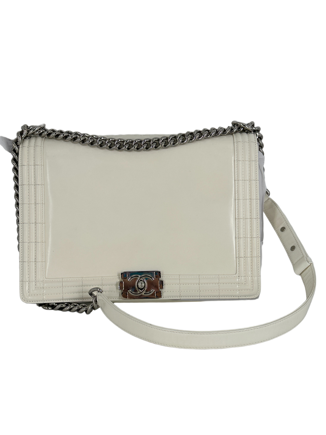 Chanel Original Clasp Medium Boy Patent Leather White