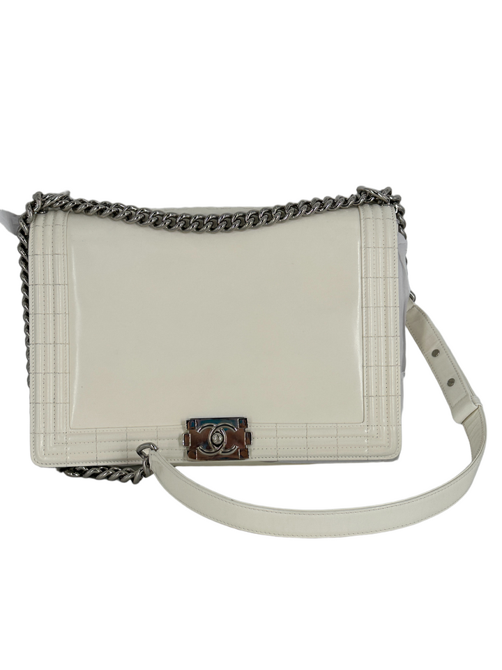 Chanel Original Clasp Medium Boy Patent Leather White