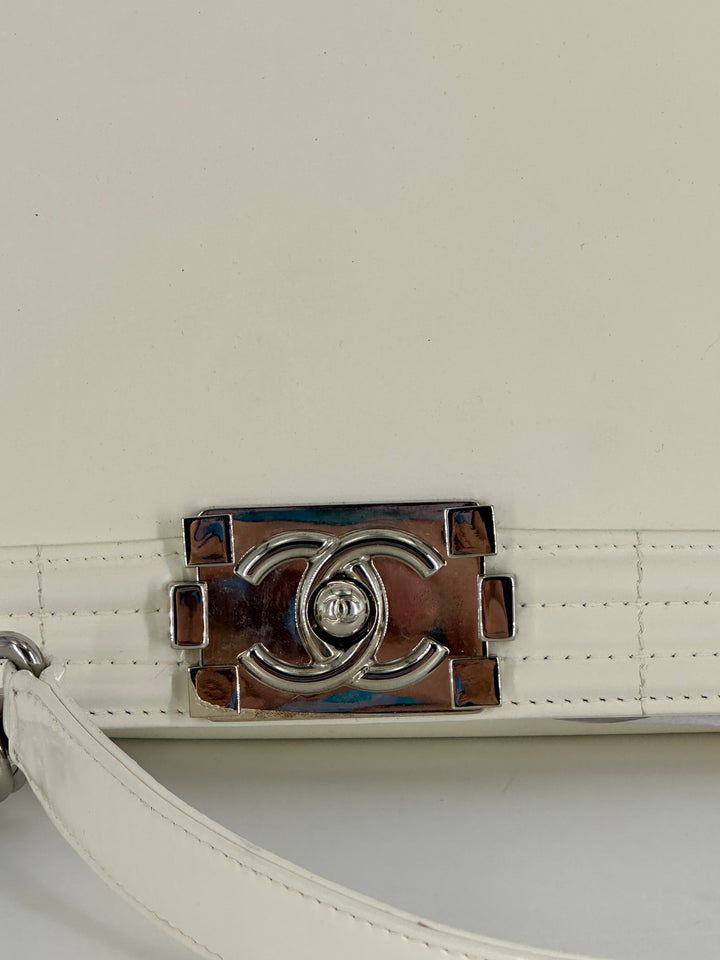 Chanel Original Clasp Medium Boy Patent Leather White