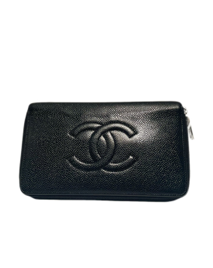 Chanel CC logo Black Caviar Leather Large zip around Wallet