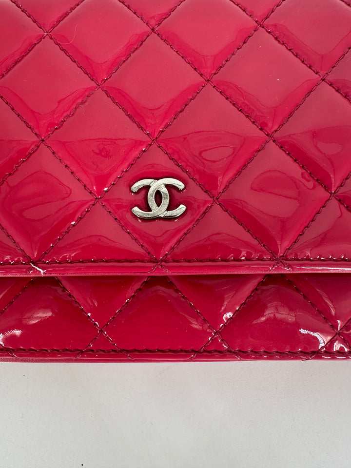 Chanel Patent Quilted Wallet On Chain Pink