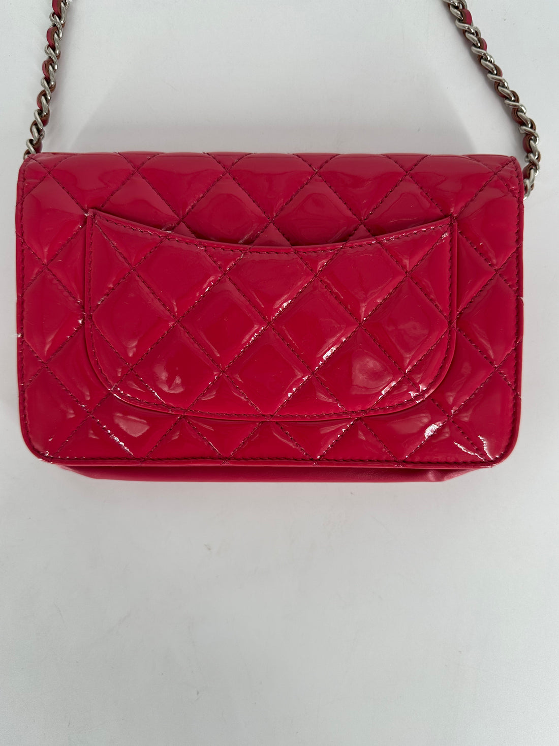 Chanel Patent Quilted Wallet On Chain Pink
