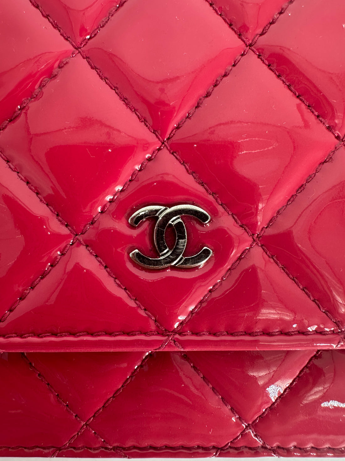 Chanel Patent Quilted Wallet On Chain Pink