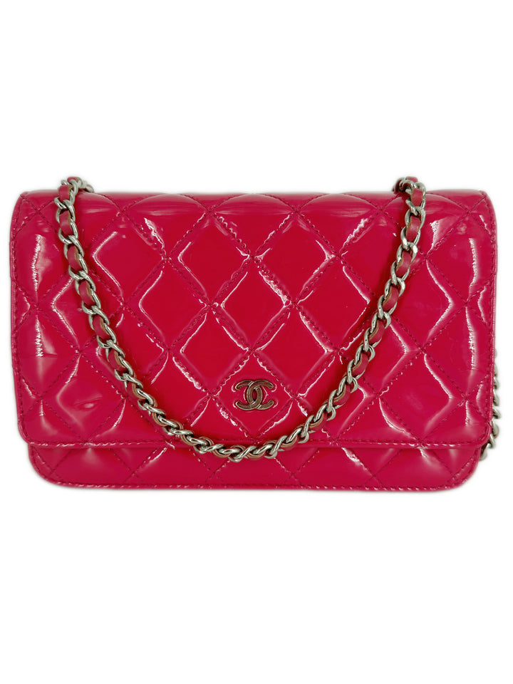 Chanel Patent Quilted Wallet On Chain Pink