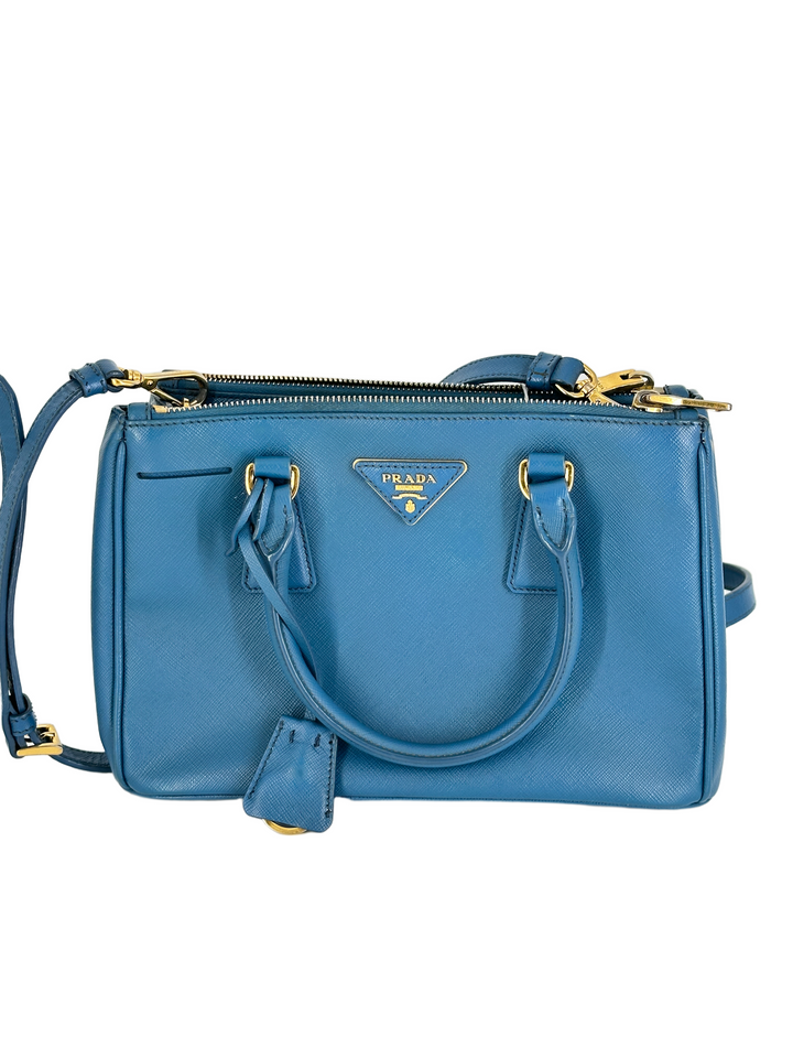 Prada Saffiano Lux Leather Mini Double Zip Tote Blue