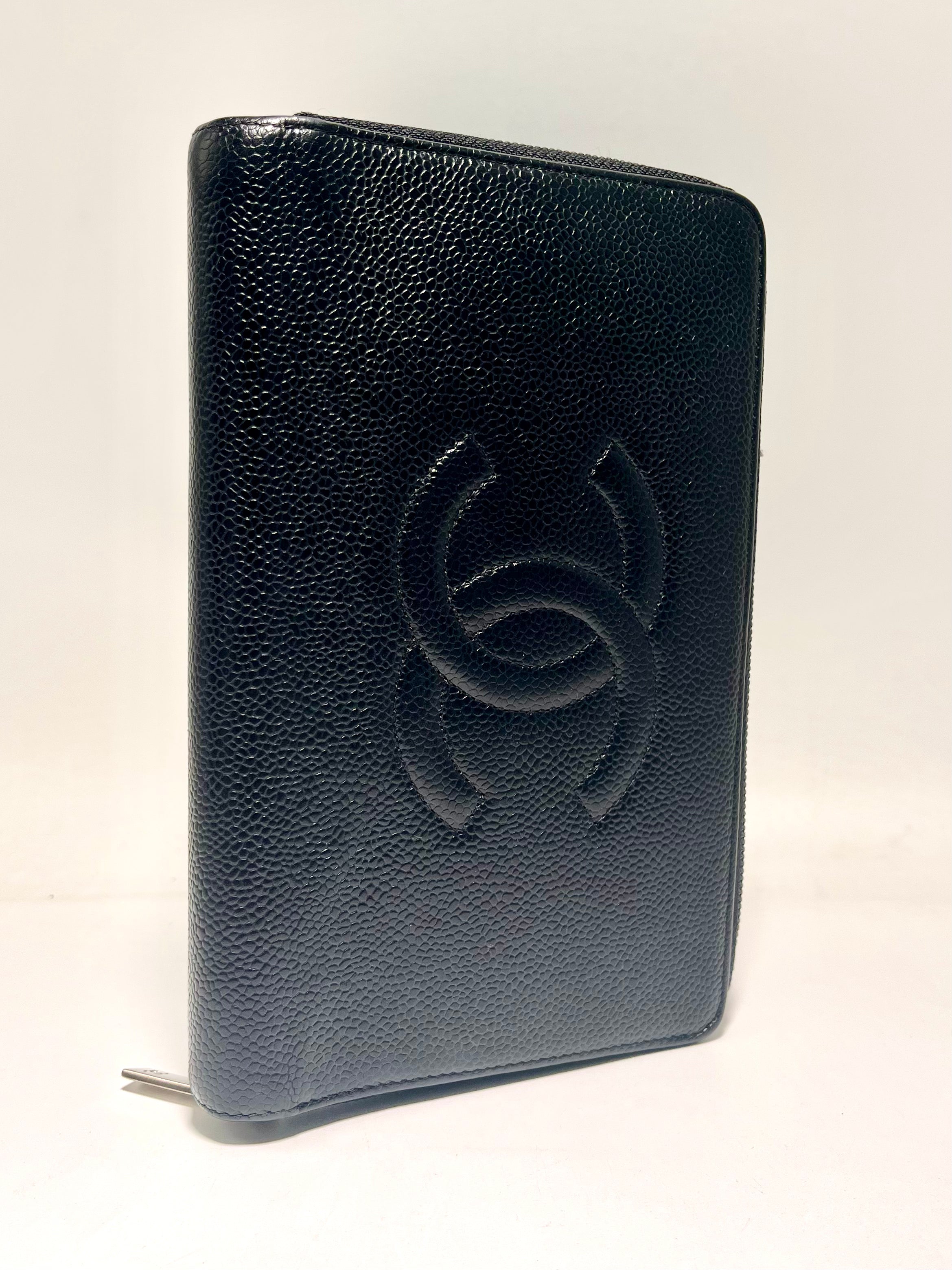 Chanel CC logo Black Caviar Leather Large zip around Wallet