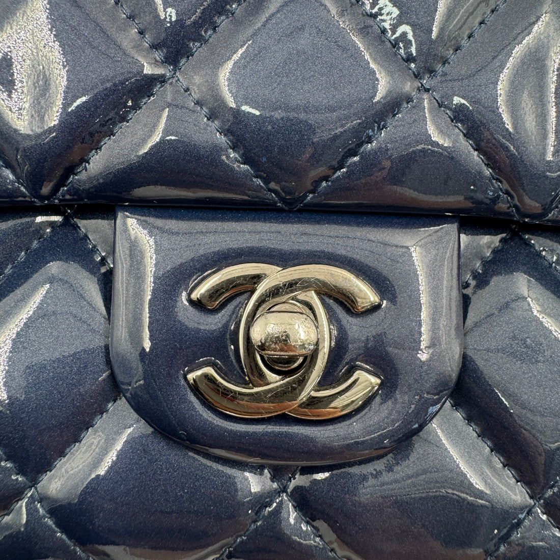 Chanel Patent Quilted Shoulder bag with Chain Navy Blue