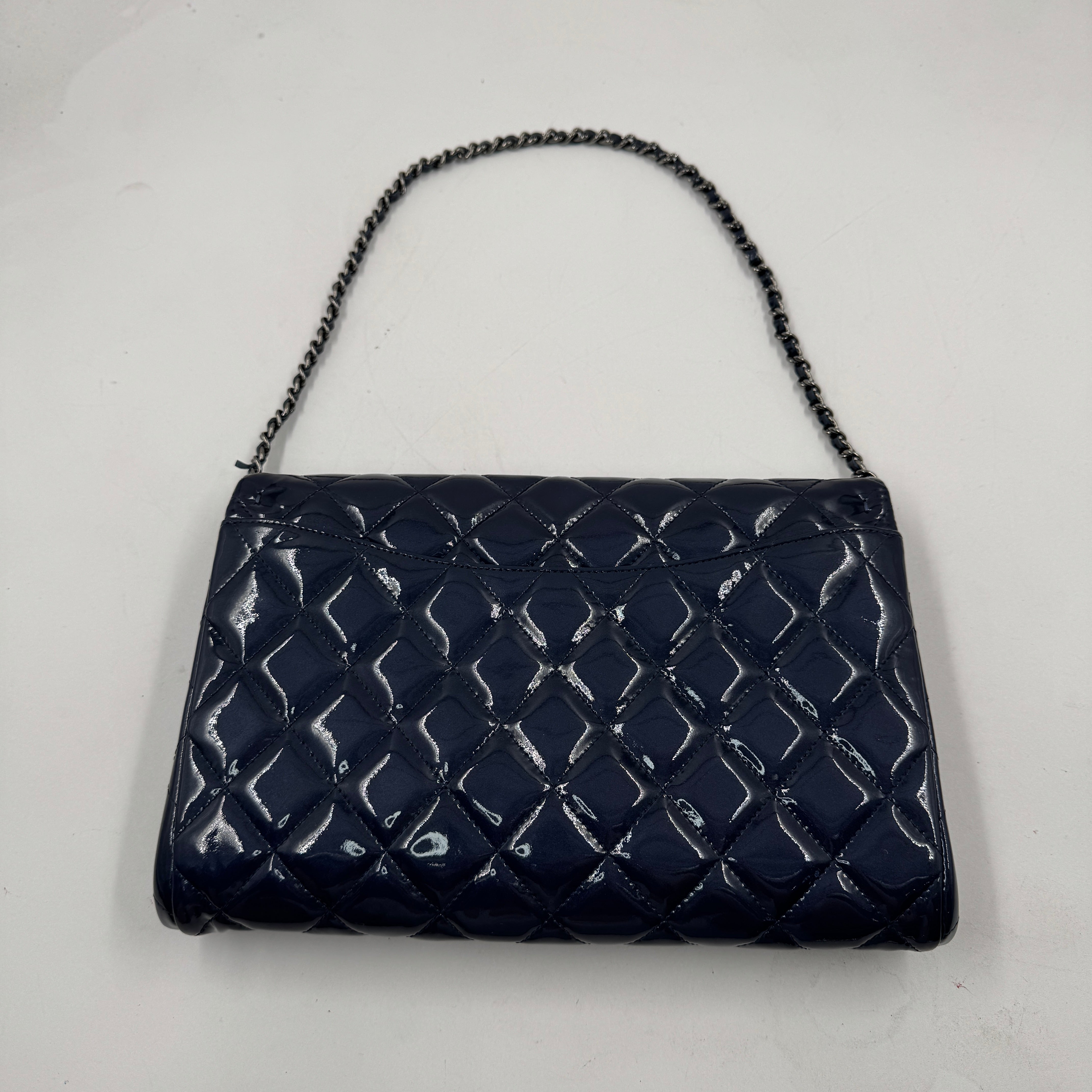 Chanel Patent Quilted Shoulder bag with Chain Navy Blue