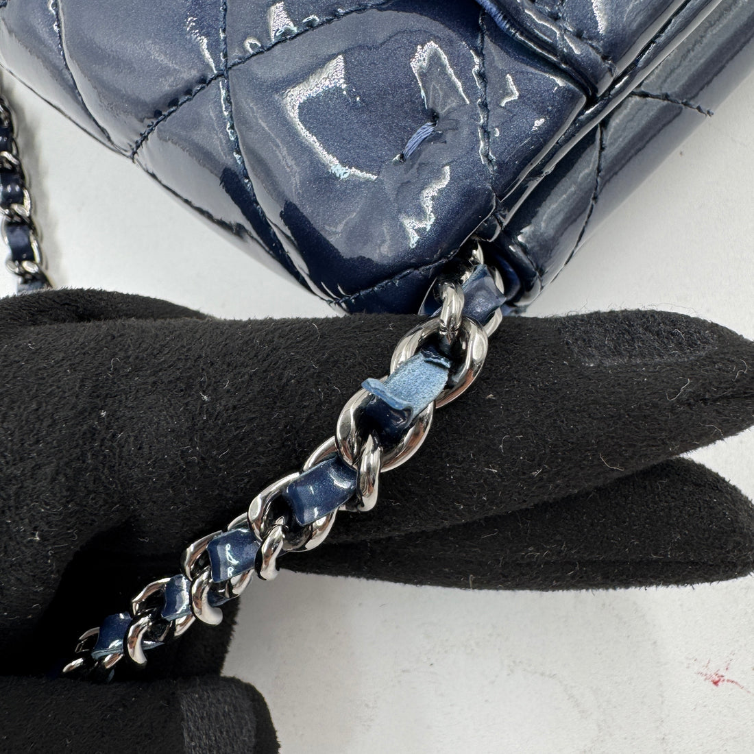 Chanel Patent Quilted Shoulder bag with Chain Navy Blue