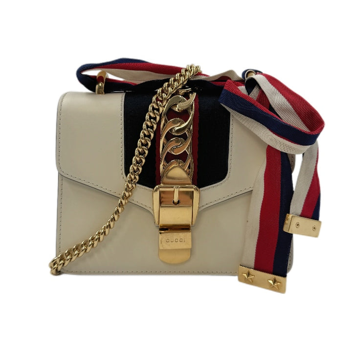 Guuci Mini Calfskin Sylvie Chain Shoulder Bag White