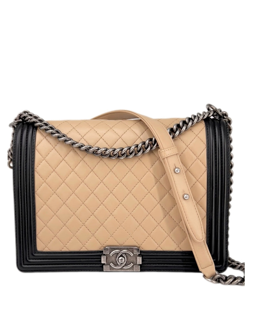 Chanel Lambskin Quilted Large Boy Flap Beige Black