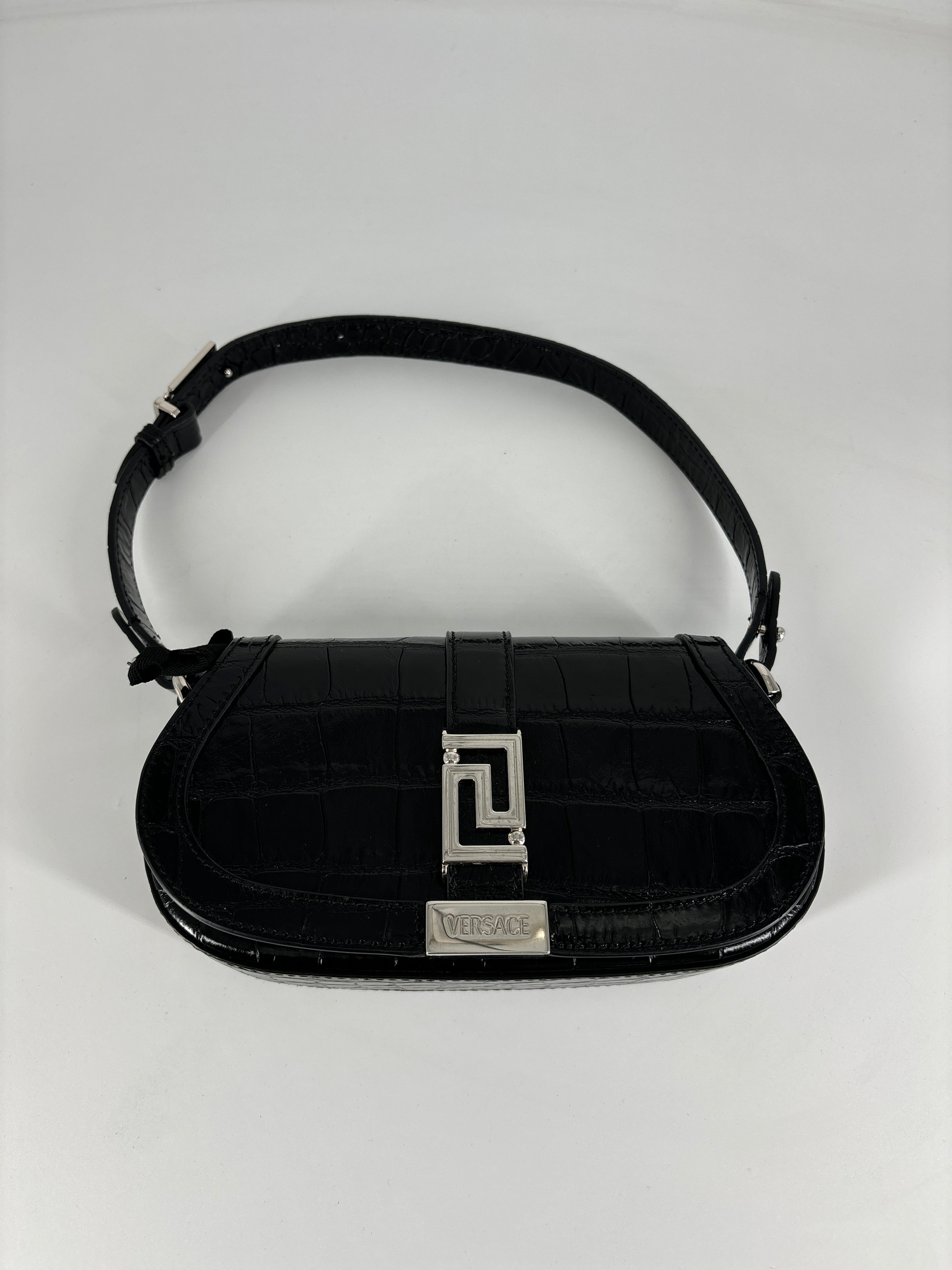 Versace Greca Goddess Mini Croc-Embossed Shoulder Bag Black